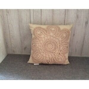 Candies Beige Lace Crochet Front Bed Sofa Throw Square Pillow 16" Farmhouse Boho